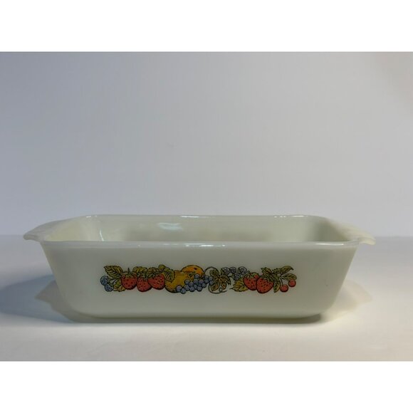 VTG Anchor Hocking Fire-King Oven-Proof White Milk Glass Loaf Pan With Fruit Des - Picture 2 of 6